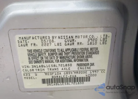 2008 Nissan Sentra 2.0S z USA, uszkodzony, nr VIN 3N1AB61E58L721850